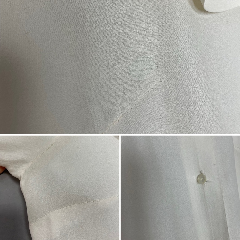 Vintage Blouse Ruffle Neckline Cuffs FLAWS Off-White‎ Cream Button-Up Top Twee - Picture 9 of 13